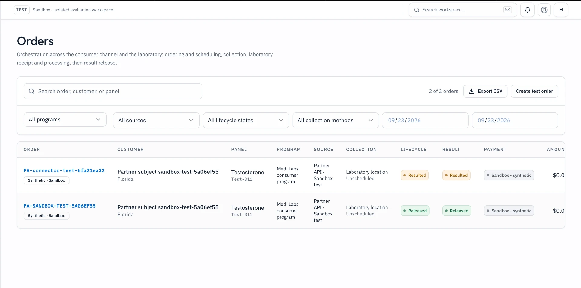 Current Solia Direct Sandbox order flow using demonstration data