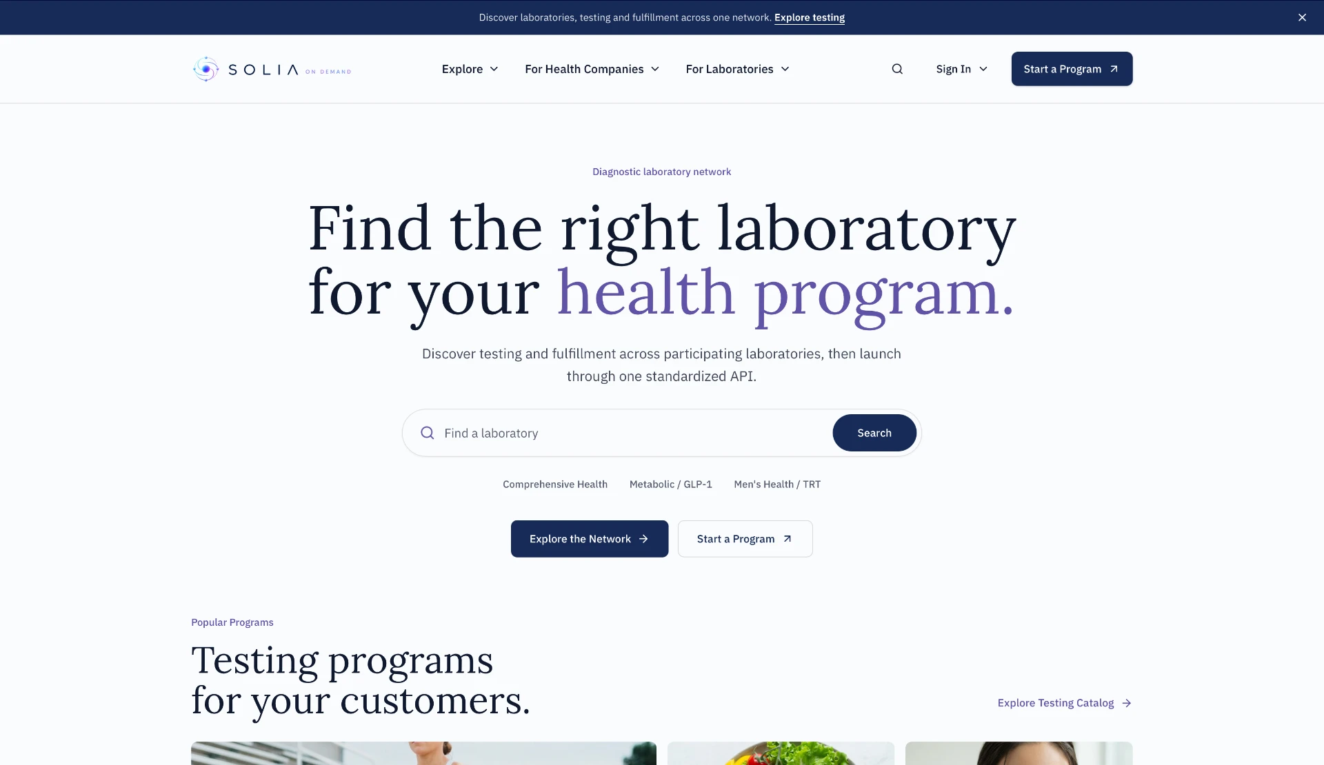 Solia On Demand: find the right laboratory for your health program, with testing and fulfillment search across participating laboratories