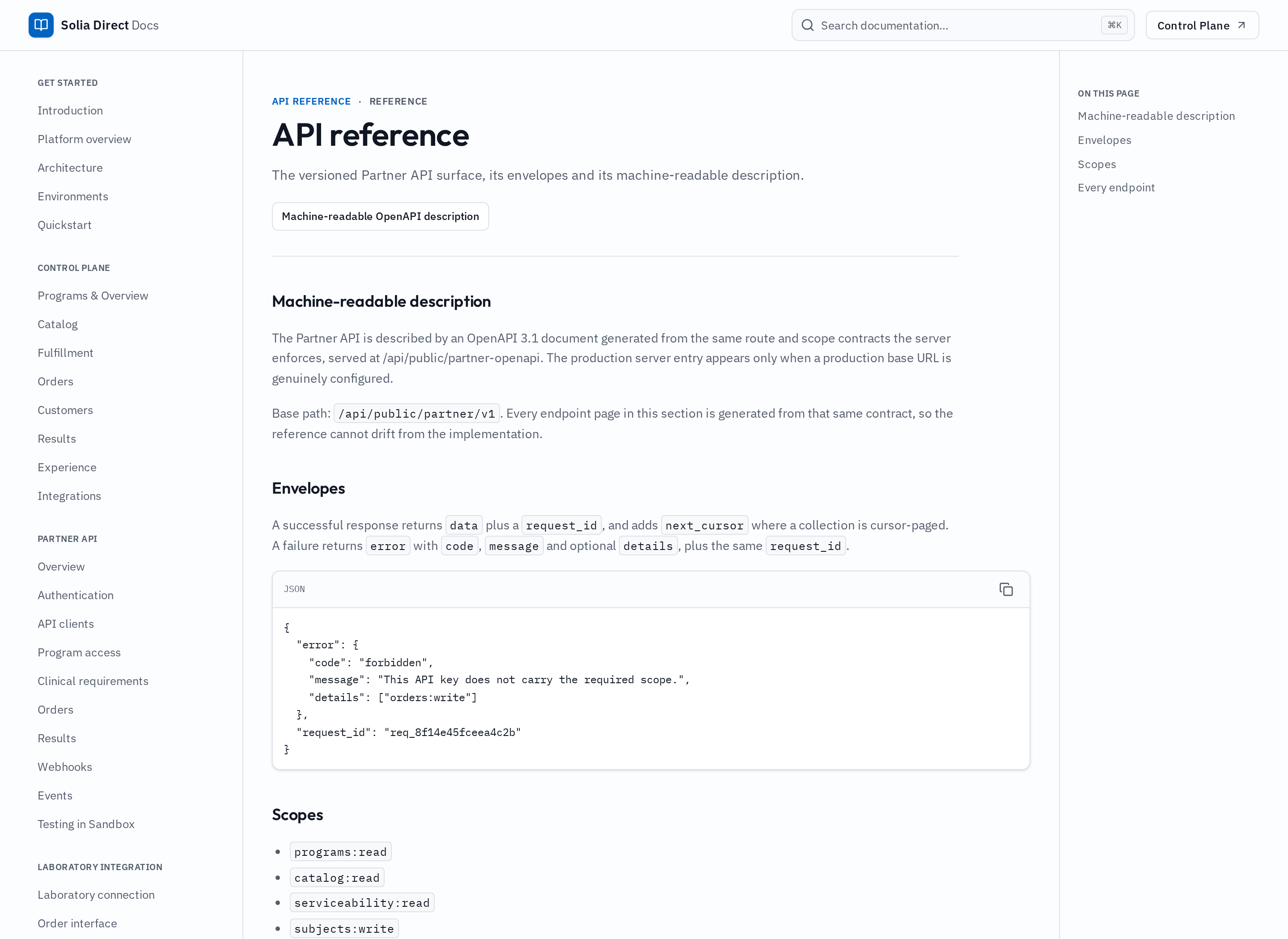 Current Solia Direct Partner API reference